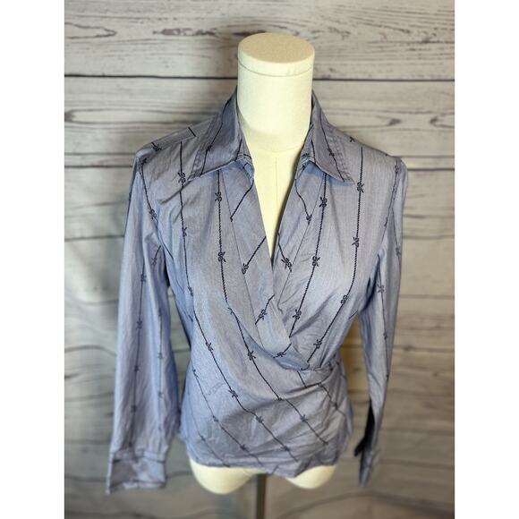 Talbots 10P 100% Cotton Novelty Bow Stripe Wrap V Neck Blouse - Picture 2 of 6